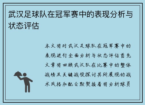 武汉足球队在冠军赛中的表现分析与状态评估