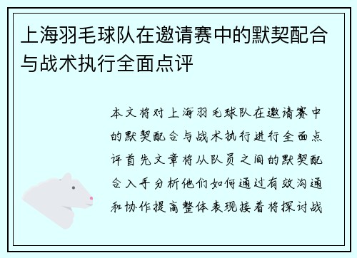 上海羽毛球队在邀请赛中的默契配合与战术执行全面点评