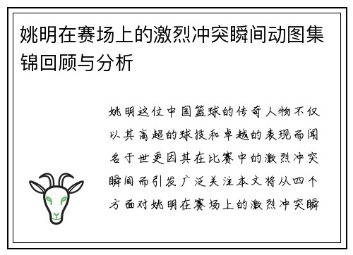 姚明在赛场上的激烈冲突瞬间动图集锦回顾与分析